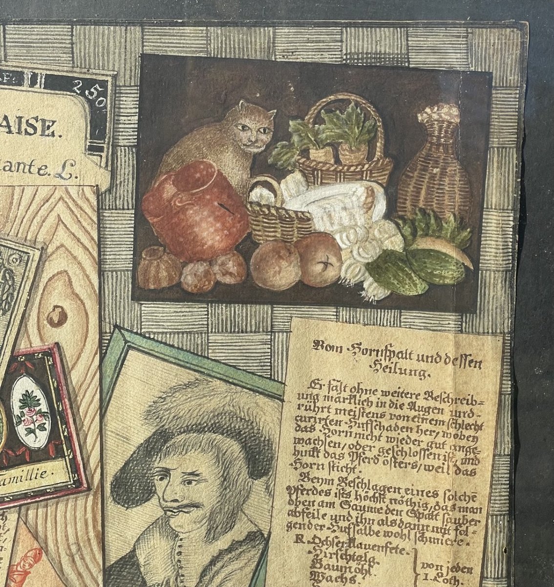 Peintre allemand (XVIIIe-XIXe siècle) - Trompe-l'œil avec documents, gravures et nature morte.-photo-2