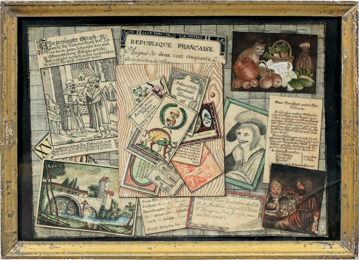 Peintre allemand (XVIIIe-XIXe siècle) - Trompe-l'œil avec documents, gravures et nature morte.