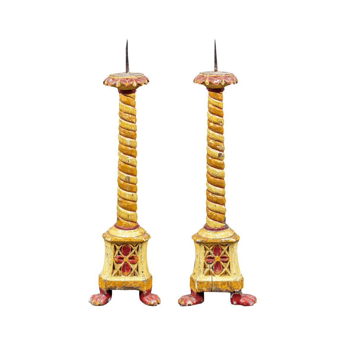 Pair Of Carved, Lacquered, And Painted Wooden Candlesticks. Venice, 18th/19th Century.