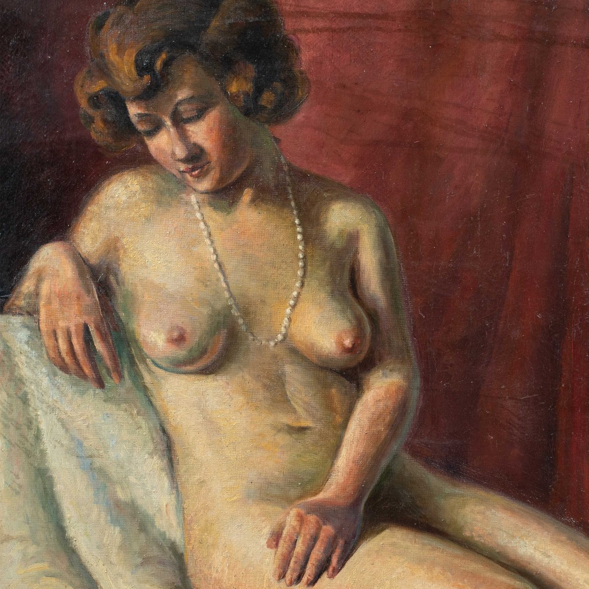 Peintre français (début du XXe siècle) – Nu féminin au collier de perles.-photo-2