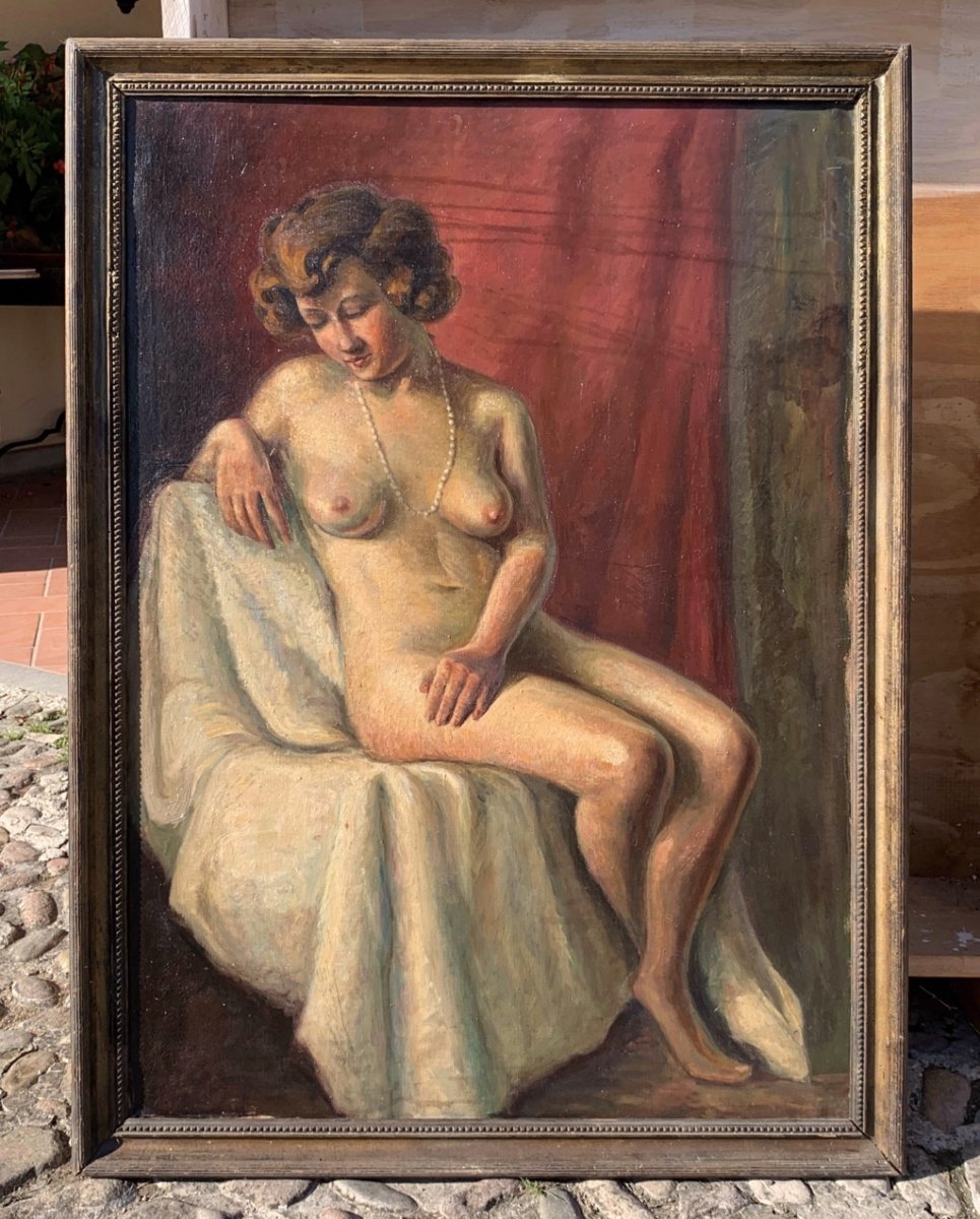 Peintre français (début du XXe siècle) – Nu féminin au collier de perles.-photo-4