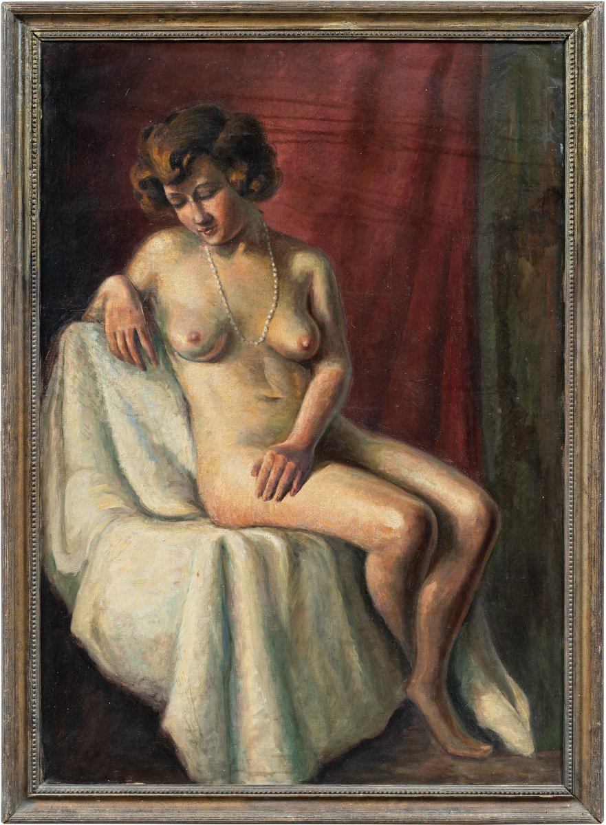 Peintre français (début du XXe siècle) – Nu féminin au collier de perles.