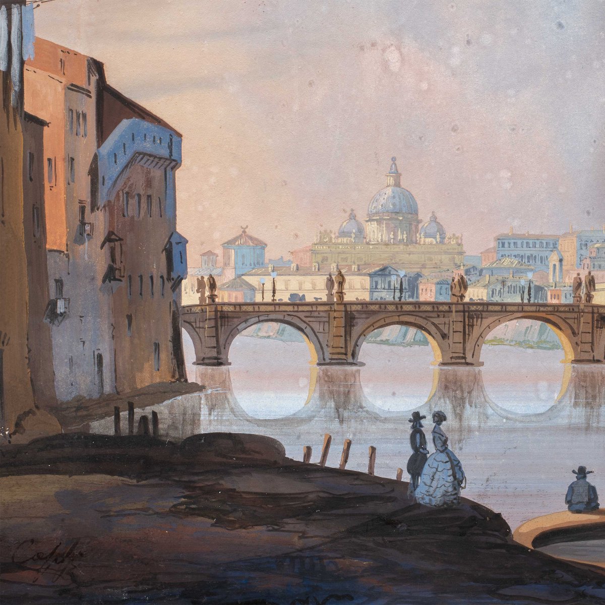 Suiveur d'Ippolito Caffi (XIX siècle) – Rome, vue du Tibre vers le château Saint-Ange.-photo-2