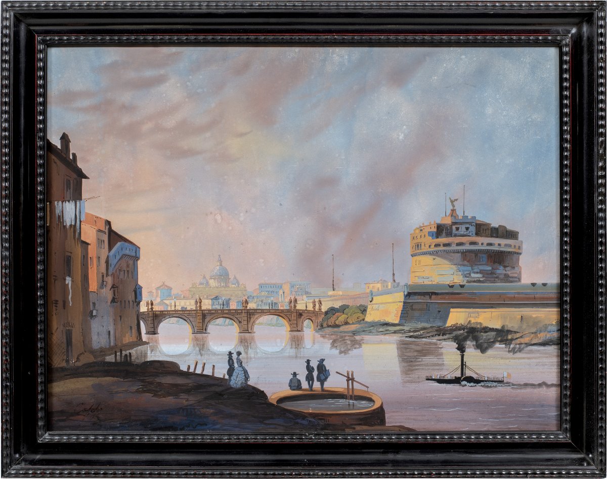 Suiveur d'Ippolito Caffi (XIX siècle) – Rome, vue du Tibre vers le château Saint-Ange.