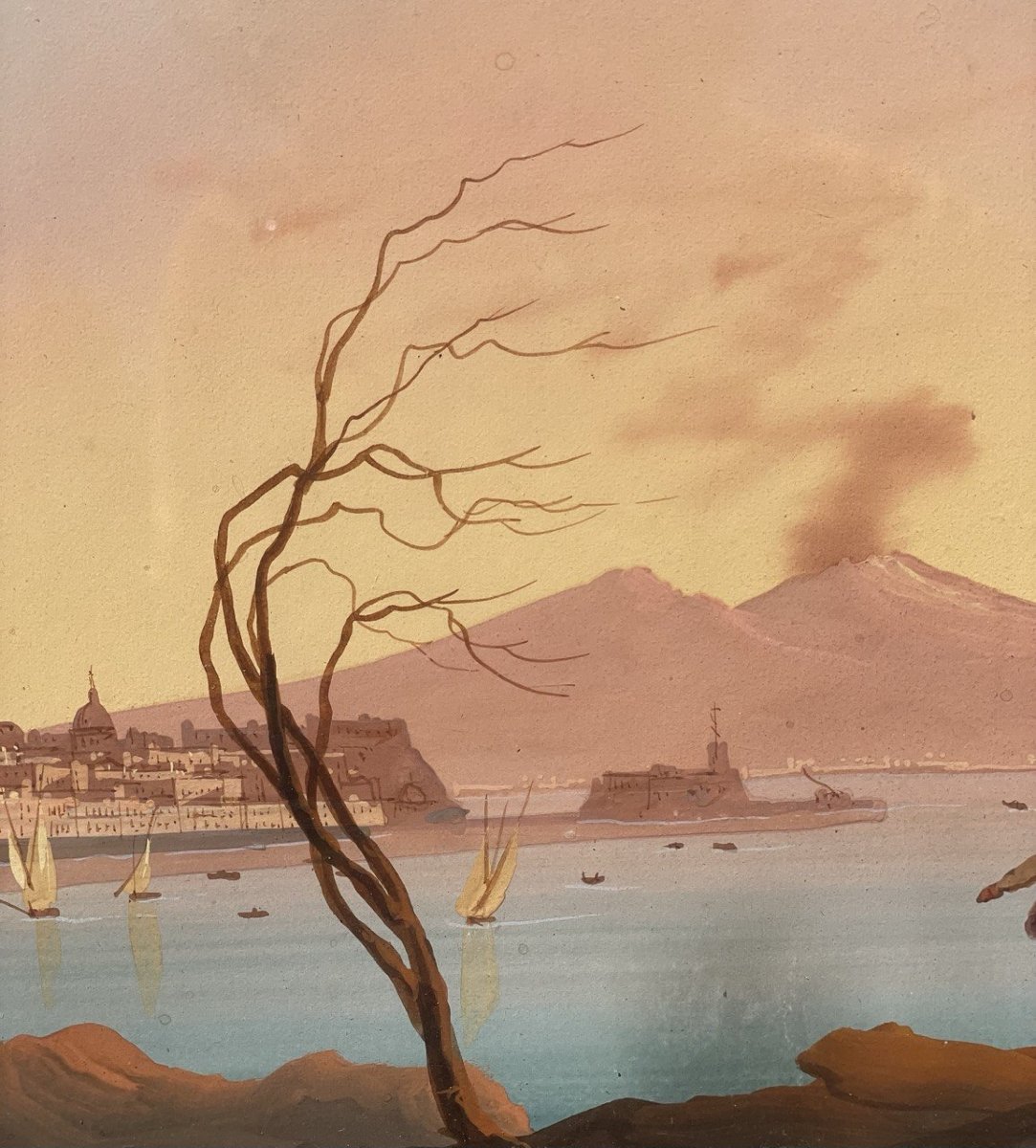 Gioacchino La Pira (actif à Naples entre 1839 et 1875) – Vue du golfe de Naples à l'aube.-photo-1