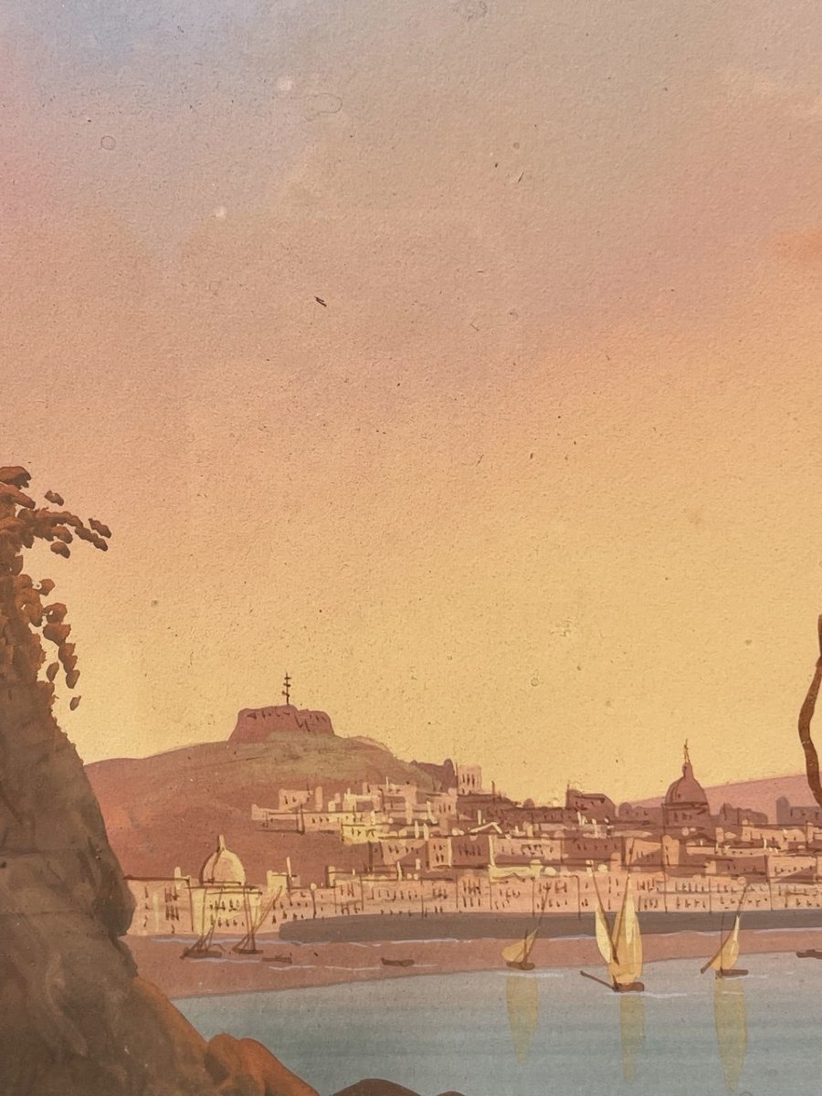 Gioacchino La Pira (actif à Naples entre 1839 et 1875) – Vue du golfe de Naples à l'aube.-photo-2