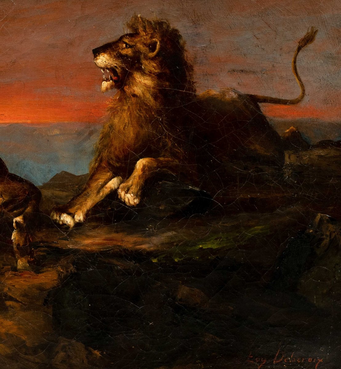 French painter (19th century) – Lion and Lioness at Sunset.-photo-2
