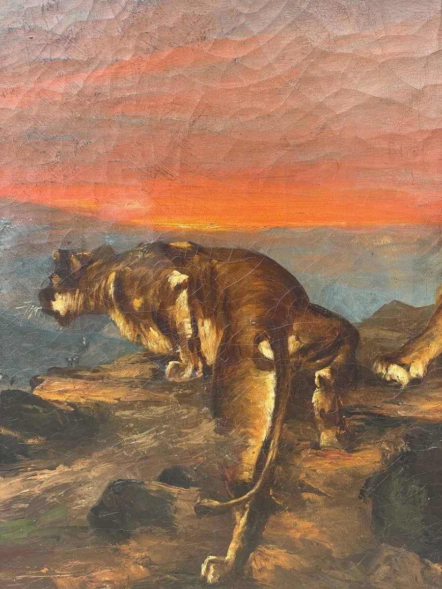 French painter (19th century) – Lion and Lioness at Sunset.-photo-3