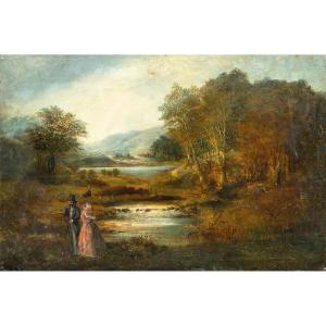 European Painter (19th Century) - River Landscape With Nobles Walking.