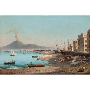 Peintre Italien (début XIXème Siècle) - Vue De Naples Avec Le Vésuve.