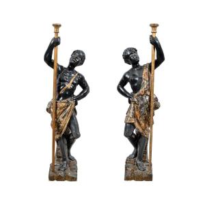 Pair Of Sculptures - Mori Torch Holder. Venice, 18th Century.