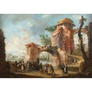 Italian Painter (18th Century) - Landscape With Ruins And Characters.