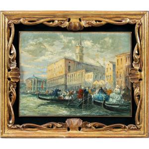 Peintre Vénitien (fin XIXème Siècle) - Venise Et Masques De Carnaval.