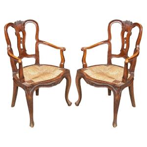 Pair Of Carved Walnut Armchairs. Venice, 18th Century.