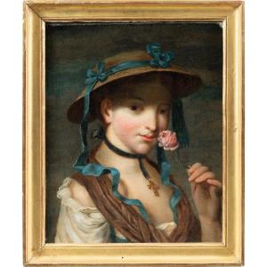 French Painter (18th Century) - Portrait Of A Shepherdess With Rose.