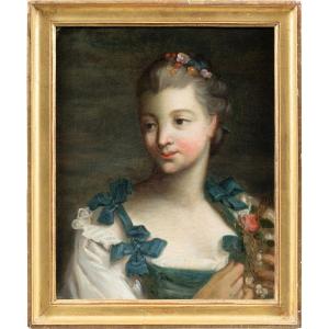 Peintre Français (18ème Siècle) - Portrait De Bergère Aux Fleurs.