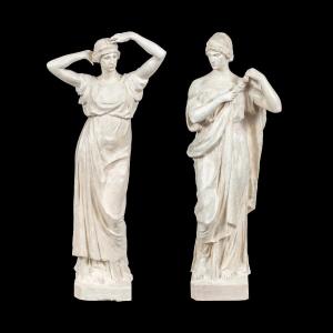 Paire De Sculptures Scagliola - Personnages Romains. Italie, 19ème Siècle.