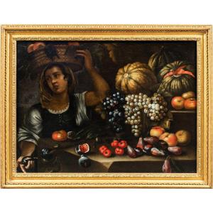 Francesco Annicini (rome 1632 - Après 1679) - Nature Morte Avec Un Marchand De Légumes