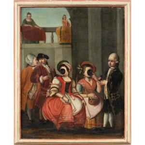 Peintre Vénitien (xviiie Siècle) - Scène Galante Avec Personnages Masqués.