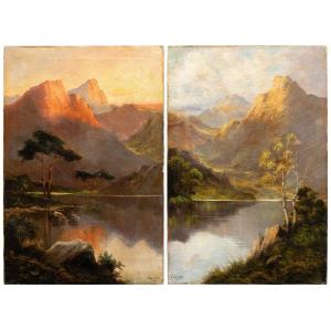 F. Walters (british, Dated 1918) - Mountain Landscapes In The Morning And At Sunset.