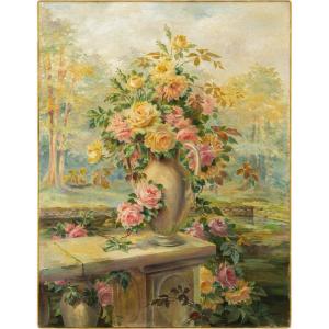 French Painter (dated 1919) - Still Life With Vase Of Roses.