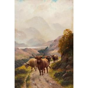 Harald R. Hall (british, 1866 - 1902) - Highlander Herd Along Trail.