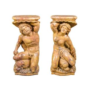 Paire de sculptures porte-vases en marbre jaune - Poséidon et Amphitrite. Italie, XIXe-XXe sièc