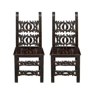 Pair Of Carved Wooden Refectory Chairs. Modena, 19th Century.
