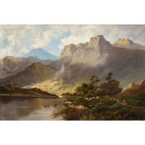 J. M. Ducker (Grande-Bretagne, début du XXe siècle) - Paysage de montagne avec lac et moutons.