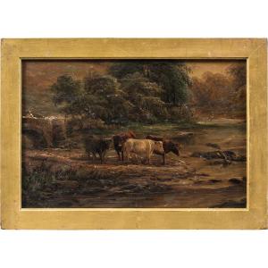 Peintre des Highlands (fin du XIXe siècle) - Bétail des Highlands au bord du lac.