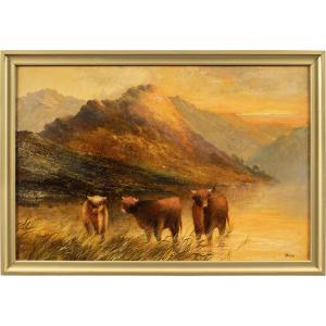 Frank Walters (british, Late 19th Century) - Highland Cattle By The Lake.