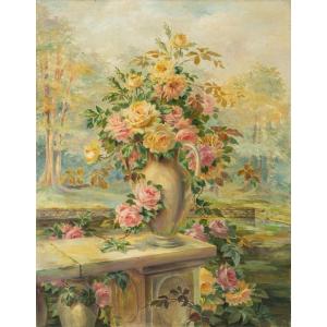Peintre français (daté de 1919) - Nature morte au vase de roses.