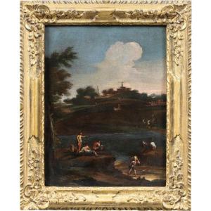 Peintre vénitien (XVIIIe siècle) - Paysage fluvial avec personnages.