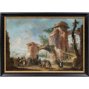 Peintre italien (XVIIIe siècle) - Paysage avec ruines et personnages.