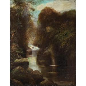 W. Miller (Grande-Bretagne, fin du XIXe siècle) - Paysage boisé avec ruisseau.