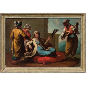 Peintre vénitien (XVIIIe siècle) - Nobles turcs avec un perroquet et un musicien.