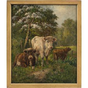 Peintre européen (fin du XIXe siècle) - Vaches au pâturage.