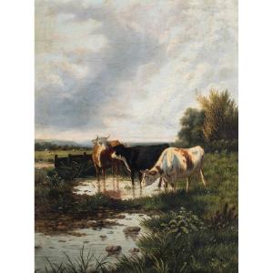 Peintre européen (fin du XIXe siècle) - Paysage avec vaches au pâturage.