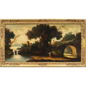 Italian Painter (19th-20th Century) - River Landscape With Forest And Town.