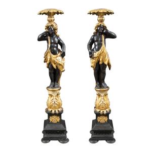 Pair Of Carved, Gilded, And Painted Wood Sculptures - Moors Holding Vases. Venice, 18th Century