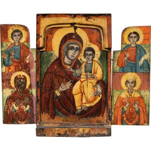 Icône de voyage orthodoxe grecque (XIXe siècle) - Vierge à l'Enfant avec quatre saints.