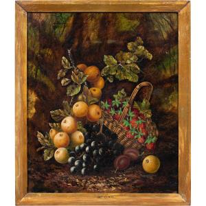J. Clays (Britannique, XIXe-XXe siècle) - Nature morte au panier de fruits.