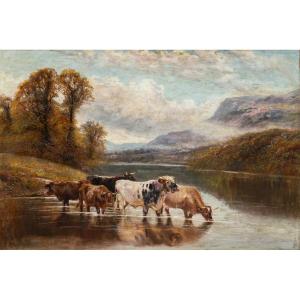 William Vivian Tippett (british, 1833 - 1910) — Landscape With Cattle Fording.