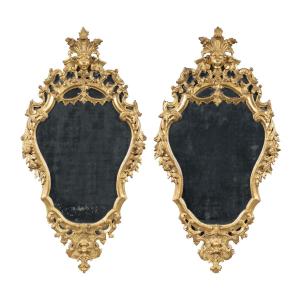 Pair Of Carved And Gilded Wood Mirrors. Italy, 18th Century.