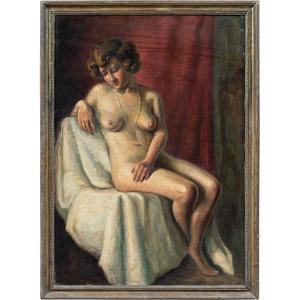 French Painter (early 20th Century) - Female Nude With Pearl Necklace.