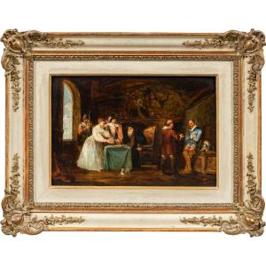 Peintre italien (XIXe siècle) - Intérieur avec personnages en costumes du XVIIe siècle.