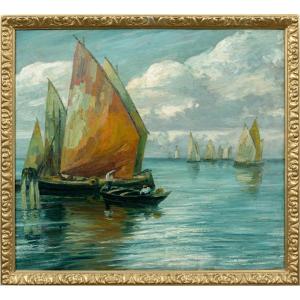 E. Scattolini (venice, Early 20th Century) - Bragozzi With Raised Sails On The Lagoon.