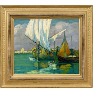 E. Scattolini (venice, Early 20th Century) - Bragozzi With Raised Sails On The Lagoon.