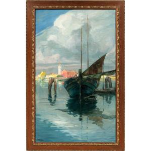 E. Scattolini (venice, Early 20th Century) - Fishing Boats On The Lagoon With A View Of Burano.