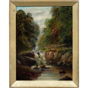 Peintre britannique (XIXe-XXe siècle) - Paysage boisé avec cascade, bergère et troupeau.
